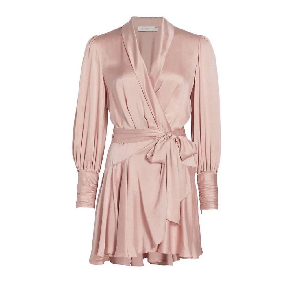 Zimmermann Silk Wrap V-Neck Minidress Blush Long Sleeve Tie Waist Flowy Sz 2